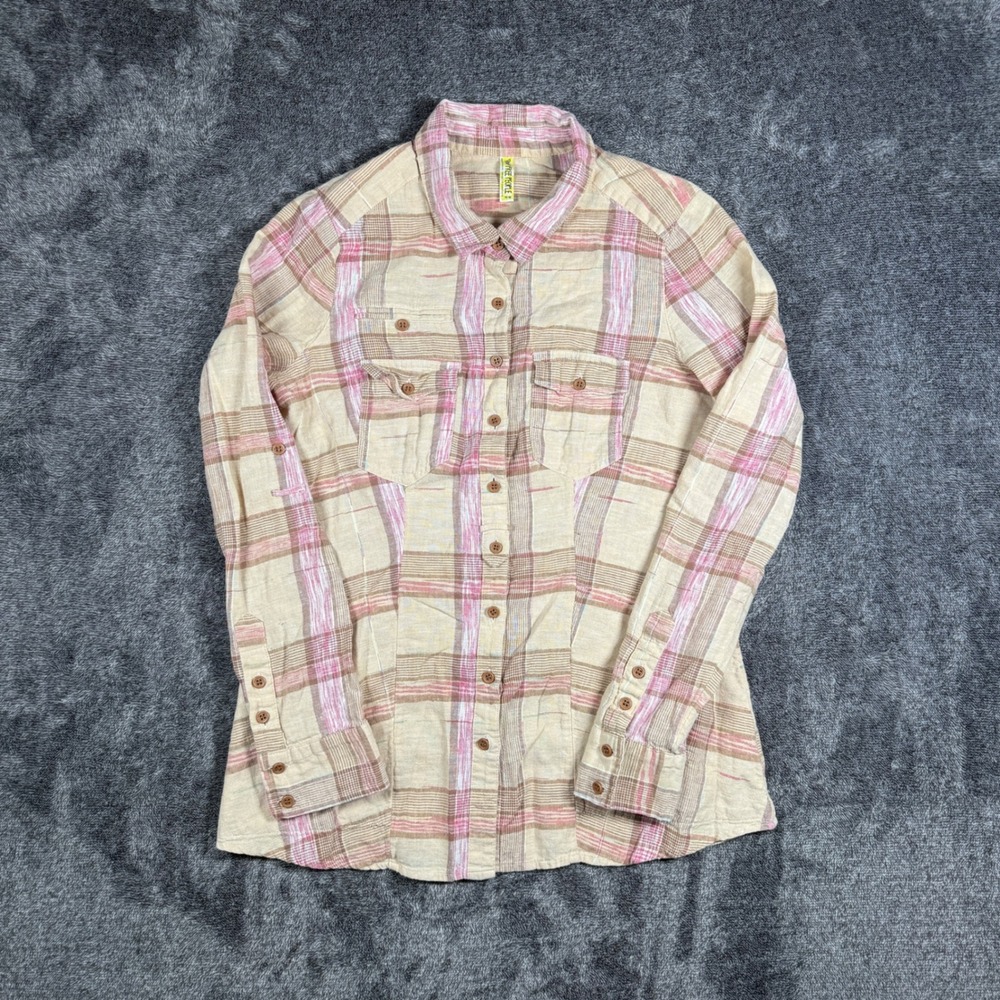 Free People Womens Pink Plaid Linen Blend Button Down Shirt Size Medium